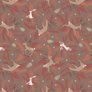 Lewis & Irene Fabrics New Forest Winter Deer & Hare Earth Brown