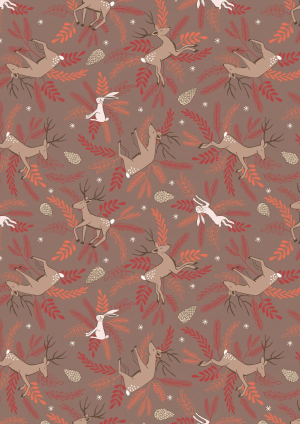 Lewis & Irene Fabrics New Forest Winter Deer & Hare Earth Brown