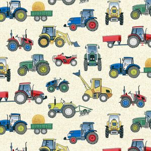 Makower Fabrics Village Life Tractors on Cream