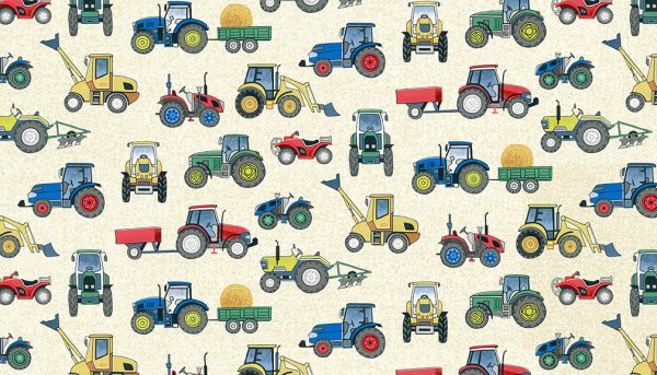 Makower Fabrics Village Life Tractors on Cream