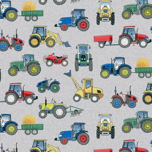 Makower Fabrics Village Life Tractors on Grey