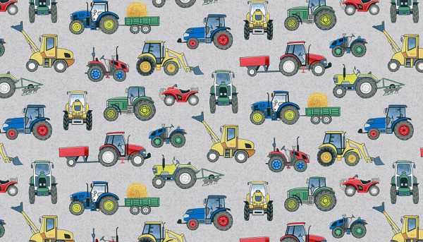 Makower Fabrics Village Life Tractors on Grey