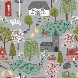 Lewis & Irene Fabrics The Village Pond Scenic on Light Grey
