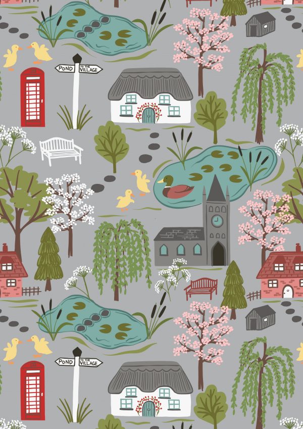 Lewis & Irene Fabrics The Village Pond Scenic on Light Grey