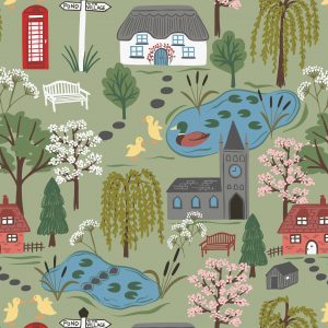 Lewis & Irene Fabrics The Village Pond Scenic on Light Grass
