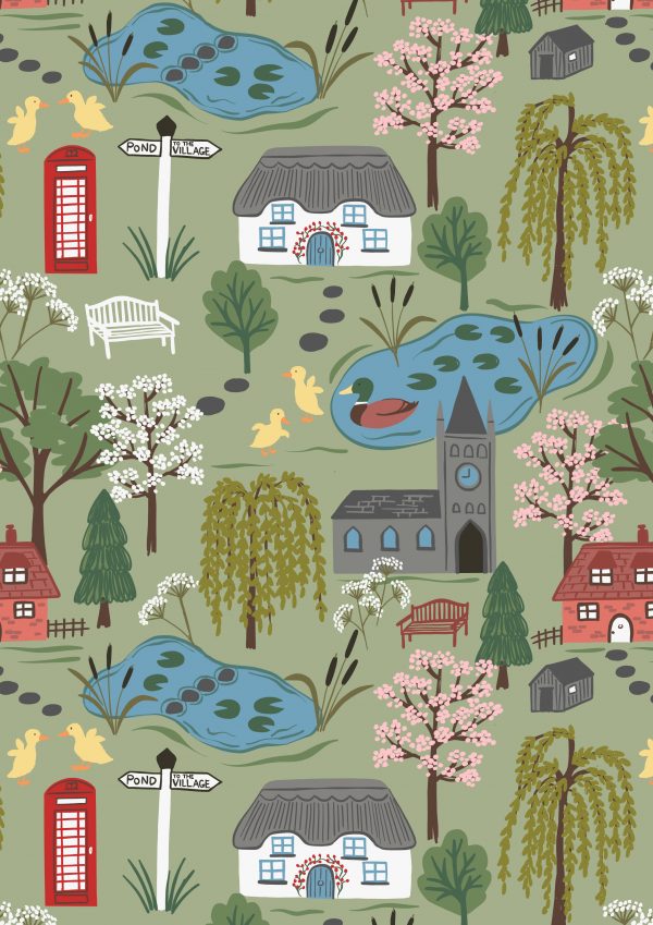Lewis & Irene Fabrics The Village Pond Scenic on Light Grass