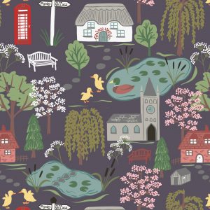 Lewis & Irene Fabrics The Village Pond Scenic on Dark Grey