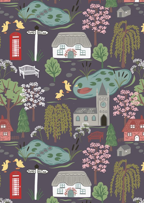 Lewis & Irene Fabrics The Village Pond Scenic on Dark Grey