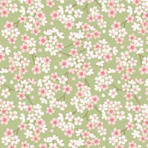 Lewis & Irene Fabrics The Village Pond Spring Blossom on Green