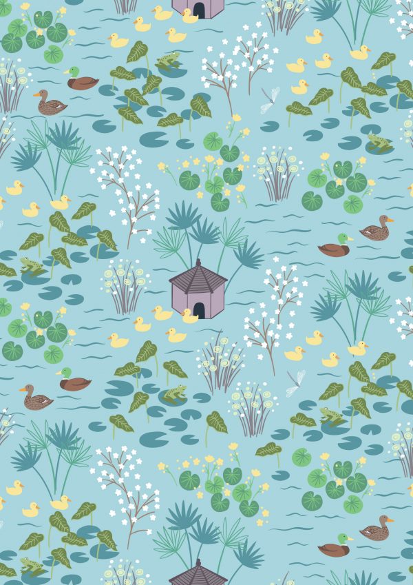 Lewis & Irene Fabrics The Village Pond on Light Blue