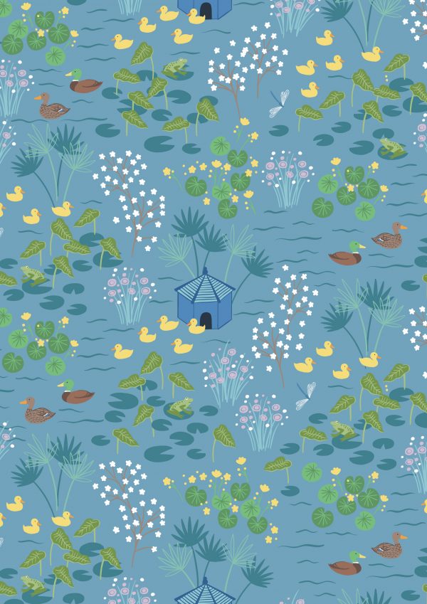 Lewis & Irene Fabrics The Village Pond on Sky Blue