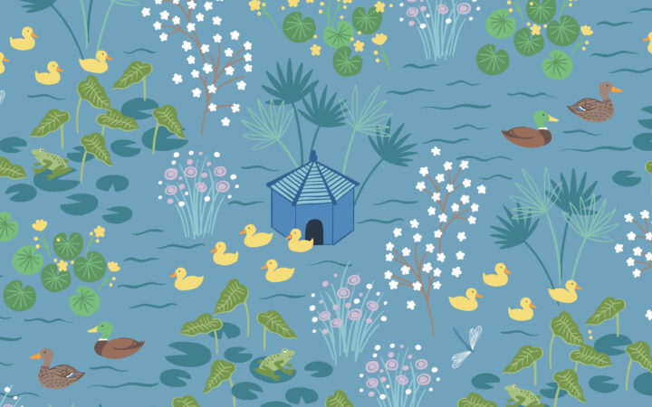 Lewis & Irene The Village Pond on Sky Blue