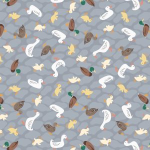 Lewis & Irene Fabrics The Village Pond Ducks on Grey