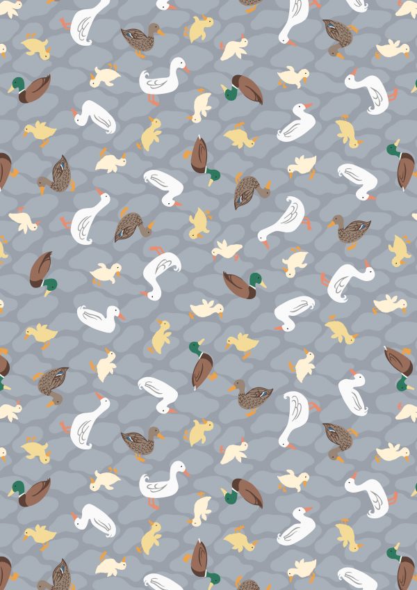 Lewis & Irene Fabrics The Village Pond Ducks on Grey