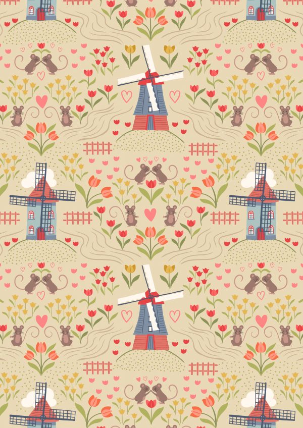 Lewis & Irene Fabrics Tulip Fields Windmills on Lemon A458.1