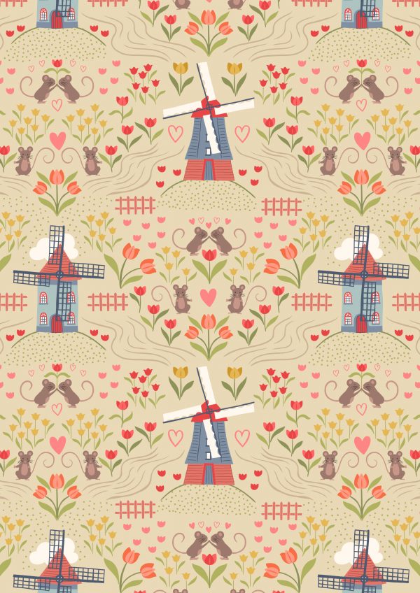 Lewis & Irene Fabrics Tulip Fields Windmills on Lemon A458.1