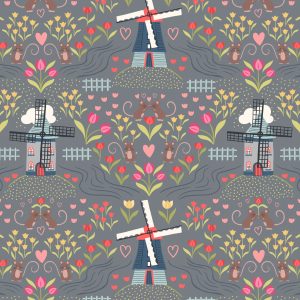 Lewis & Irene Fabrics Tulip Fields Windmills on Grey A458.3