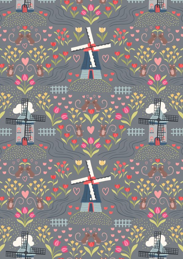 Lewis & Irene Fabrics Tulip Fields Windmills on Grey A458.3