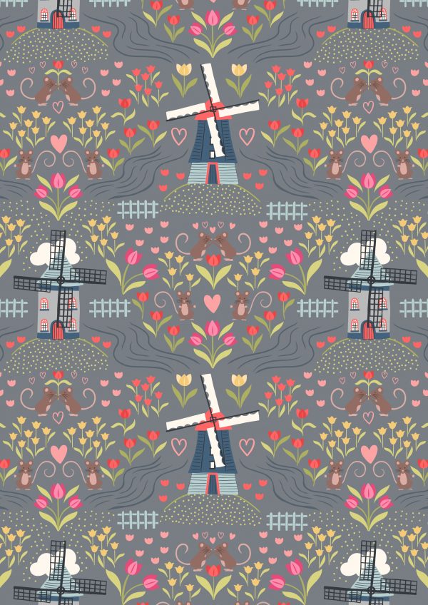 Lewis & Irene Fabrics Tulip Fields Windmills on Grey A458.3