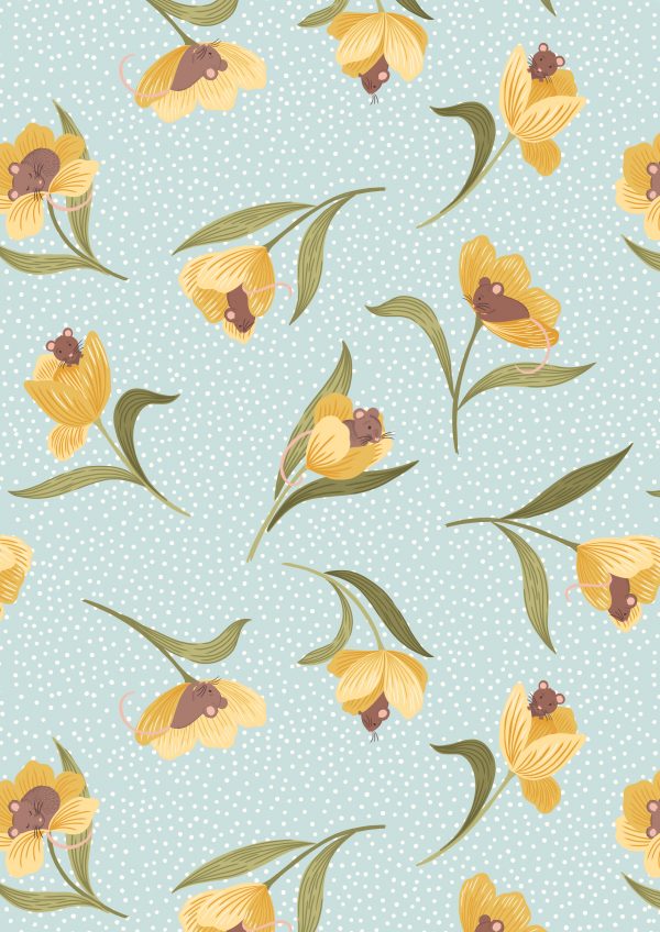 Lewis & Irene Fabrics Tulip Fields Tulip & Mouse on Pale Blue A460.2