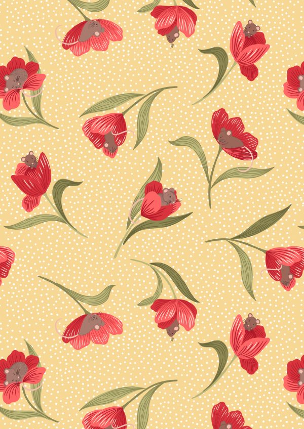 Lewis & Irene Fabrics Tulip Fields Tulip & Mouse on Yellow A460.3