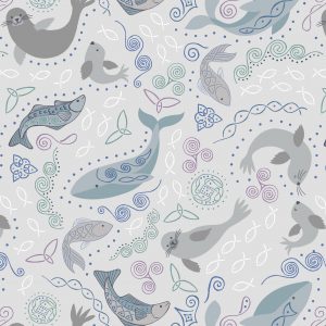 Lewis & Irene Fabrics Iona North Sea Creatures in Light Grey with Silver Metallic