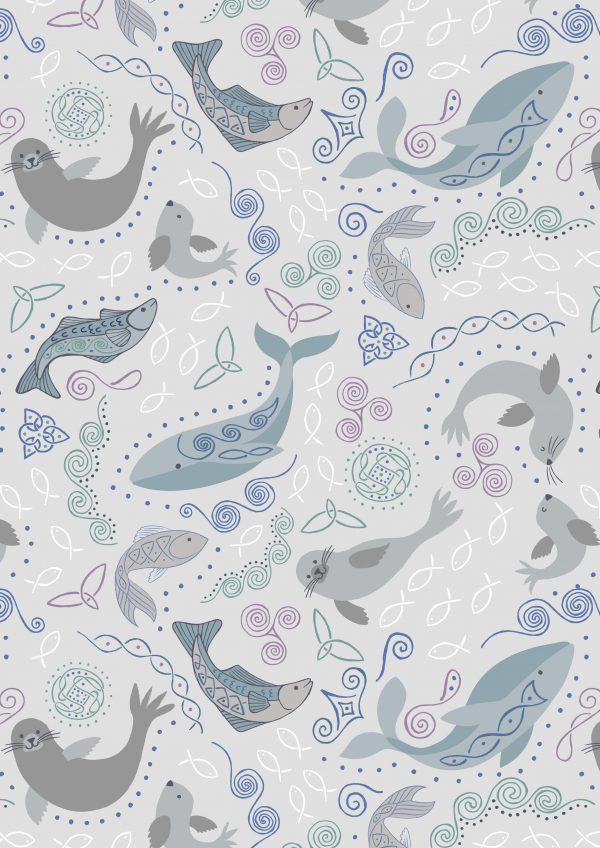 Lewis & Irene Fabrics Iona North Sea Creatures in Light Grey with Silver Metallic