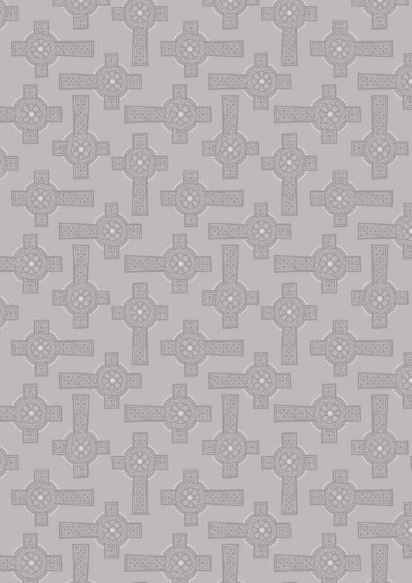 Lewis & Irene Fabrics Iona Grey Celtic Cross with Silver Metallic Highlights