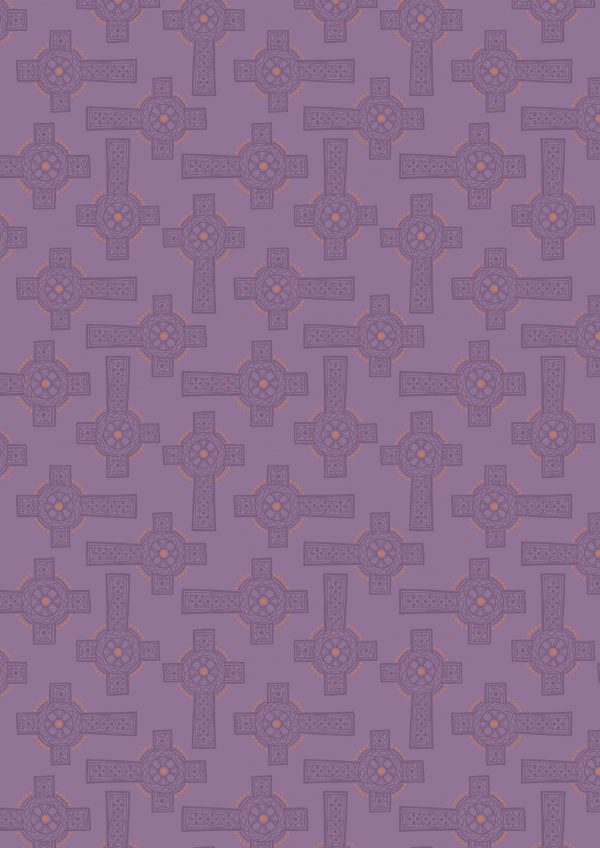 Lewis & Irene Fabrics Iona Purple Celtic Cross with Copper Metallic Accents