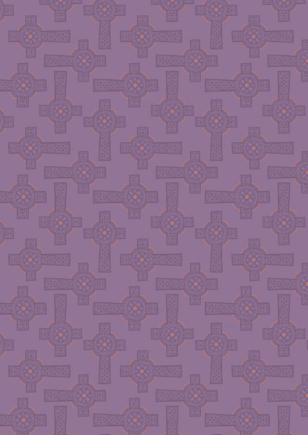 Lewis & Irene Fabrics Iona Purple Celtic Cross with Copper Metallic Accents