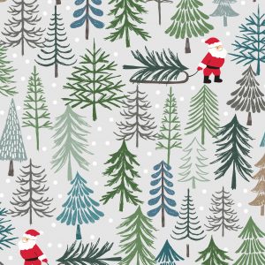 Lewis & Irene Fabrics Christmas Trees Santa Light Grey
