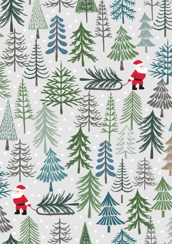 Lewis & Irene Fabrics Christmas Trees Santa Light Grey