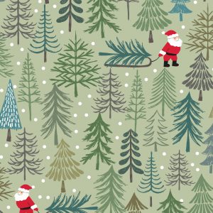 Lewis & Irene Fabrics Christmas Trees Santa Pale Green