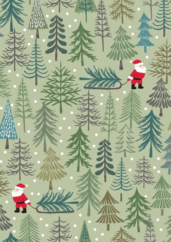 Lewis & Irene Fabrics Christmas Trees Santa Pale Green