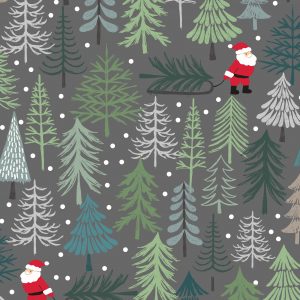 Lewis & Irene Fabrics Christmas Trees Santa Dark Grey