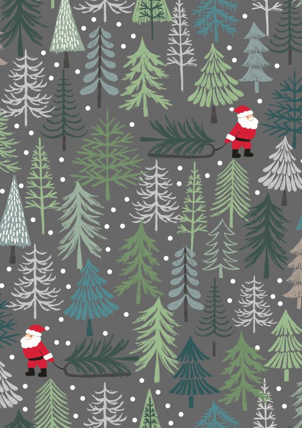 Lewis & Irene Fabrics Christmas Trees Santa Dark Grey