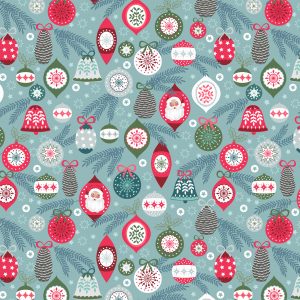 Lewis & Irene Fabrics Christmas Trees Baubles on Ice Blue