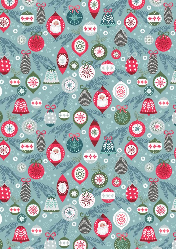 Lewis & Irene Fabrics Christmas Trees Baubles on Ice Blue