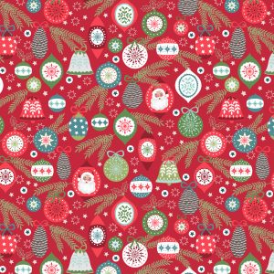 Lewis & Irene Fabrics Christmas Trees Baubles Red