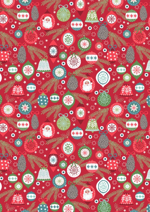 Lewis & Irene Fabrics Christmas Trees Baubles Red