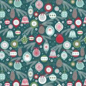 Lewis & Irene Fabrics Christmas Trees Baubles on Winter Blue