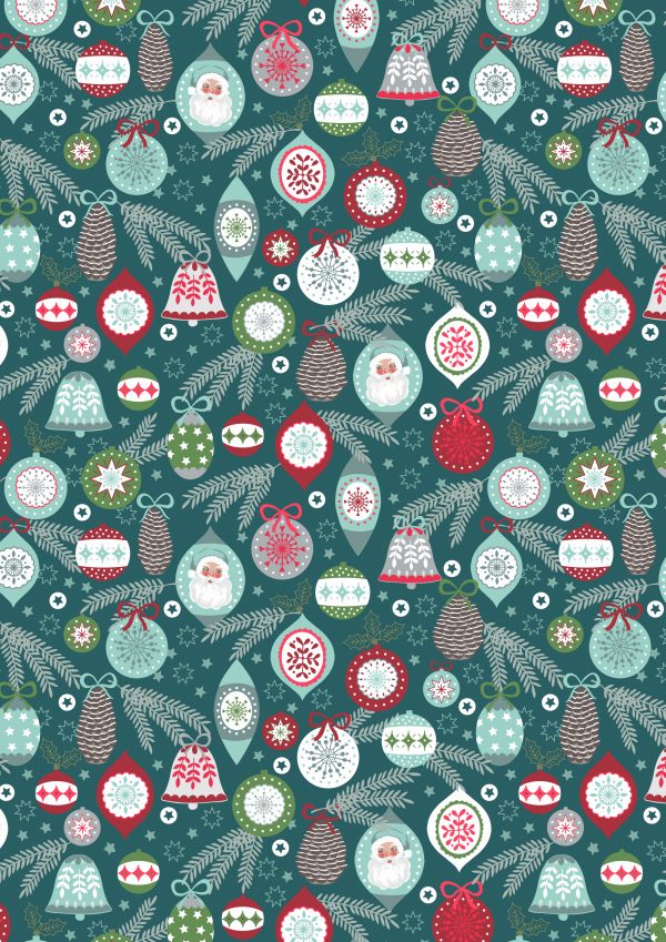 Lewis & Irene Fabrics Christmas Trees Baubles on Winter Blue