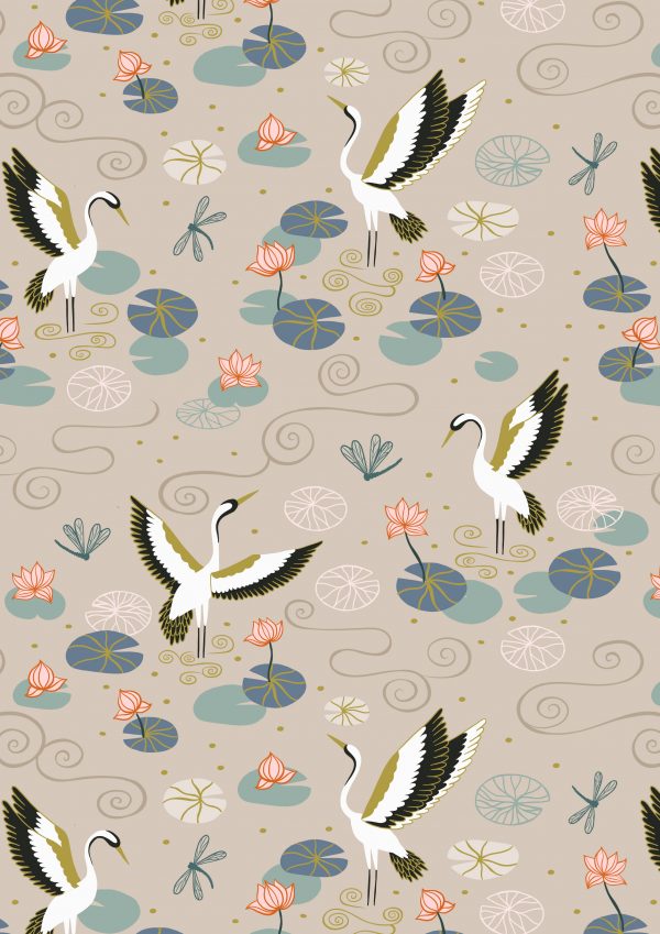 Lewis & Irene Fabrics Jardin de Lis Heron Lake on Natural