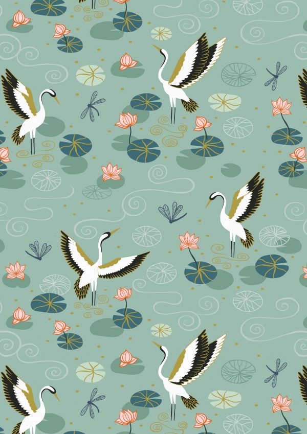 Lewis & Irene Fabrics Jardin de Lis Heron Lake on Duck Egg