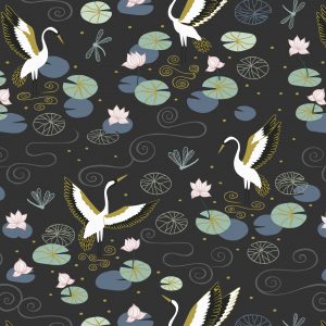 Lewis & Irene Fabrics Jardin de Lis Heron Lake on Black