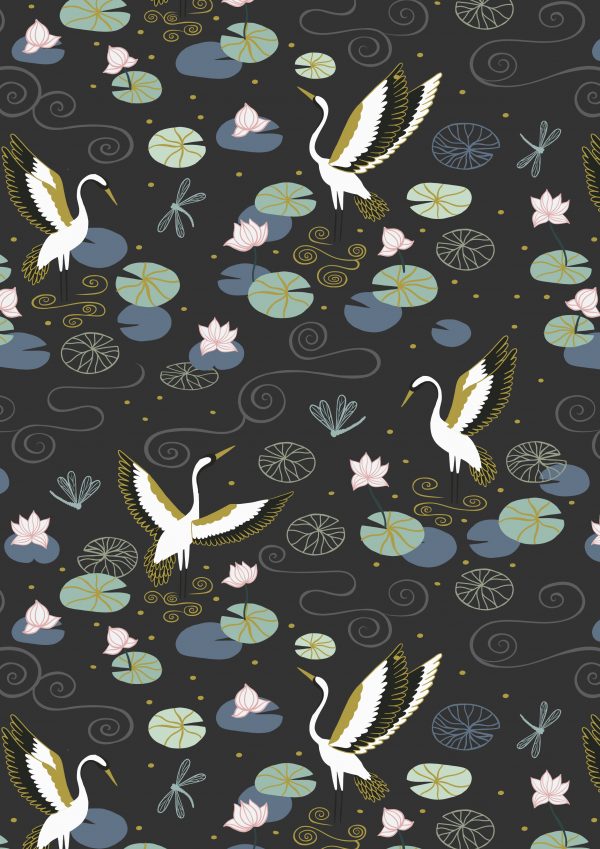 Lewis & Irene Fabrics Jardin de Lis Heron Lake on Black