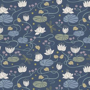 Lewis & Irene Fabrics Jardin de Lis Lillies on Dark Blue