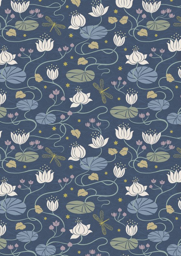 Lewis & Irene Fabrics Jardin de Lis Lillies on Dark Blue