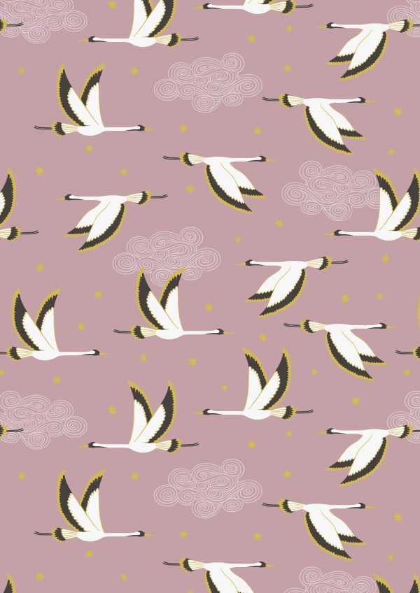Lewis & Irene Fabrics Jardin de Lis Flying Heron on Dusky Pink