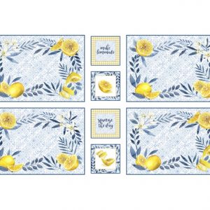 P & B Textiles Placemat Panel with an Italian theme of lemons on a blue tile background